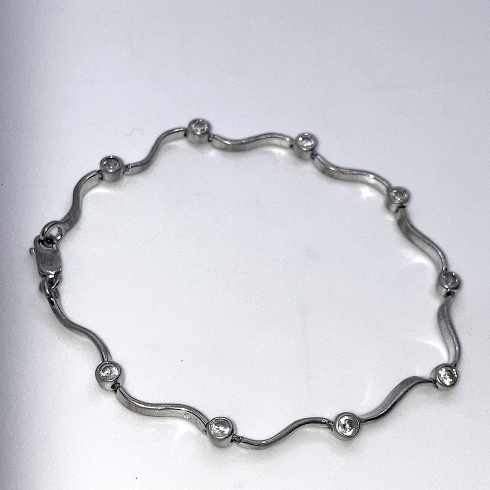 Vtg 𝅺Sterling Silver Wavy Link White Stone Tennis Bracele 7”